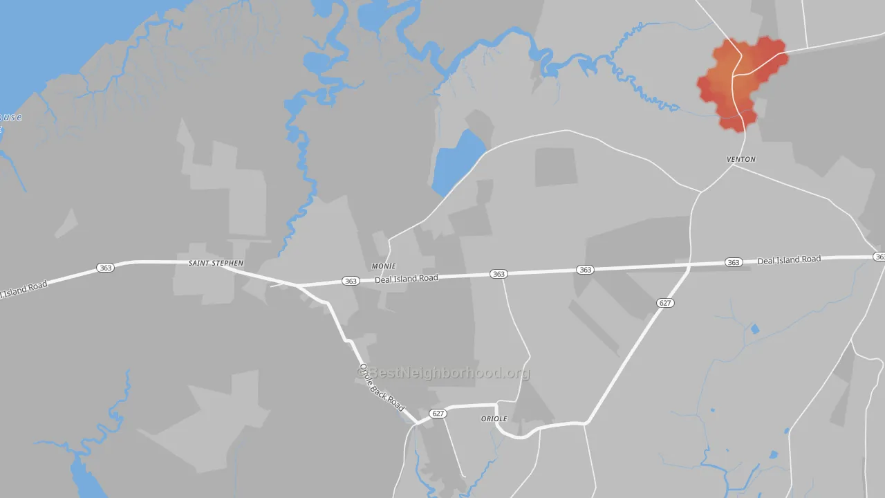 Walk Grade map of Monie, MD, walkable areas in green and car-dependent areas in red