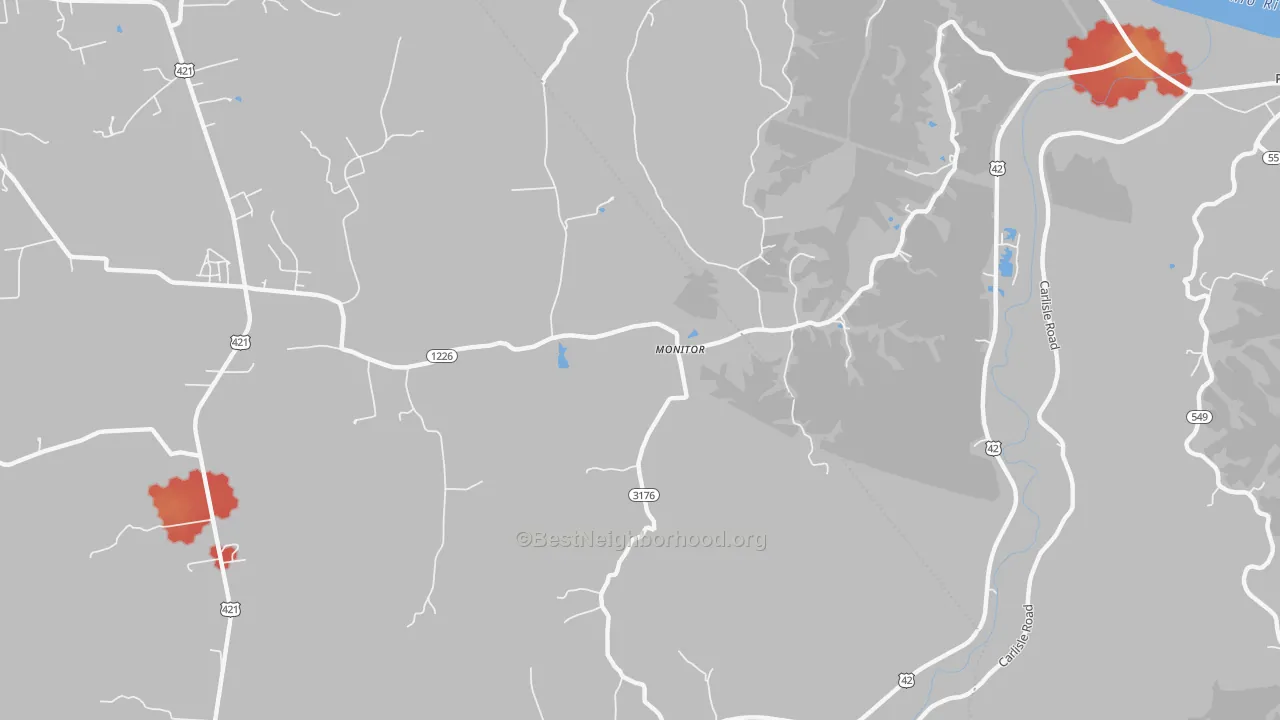 Walk Grade map of Monitor, KY, walkable areas in green and car-dependent areas in red