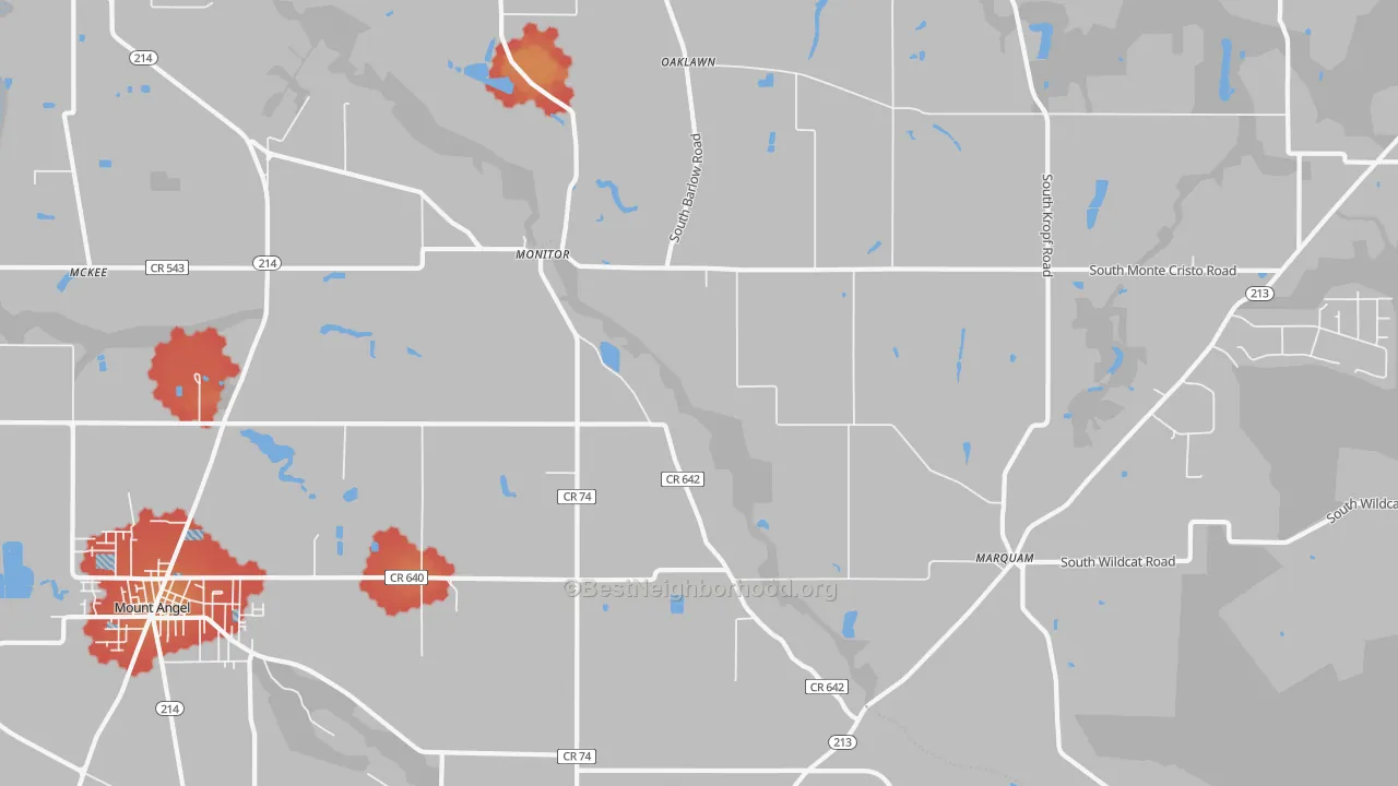 Walk Grade map of Monitor, OR, walkable areas in green and car-dependent areas in red