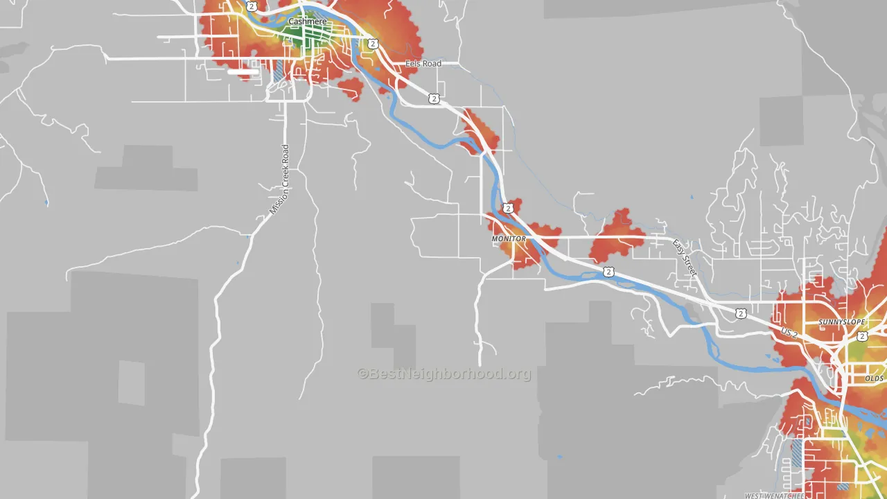 Walk Grade map of Monitor, WA, walkable areas in green and car-dependent areas in red