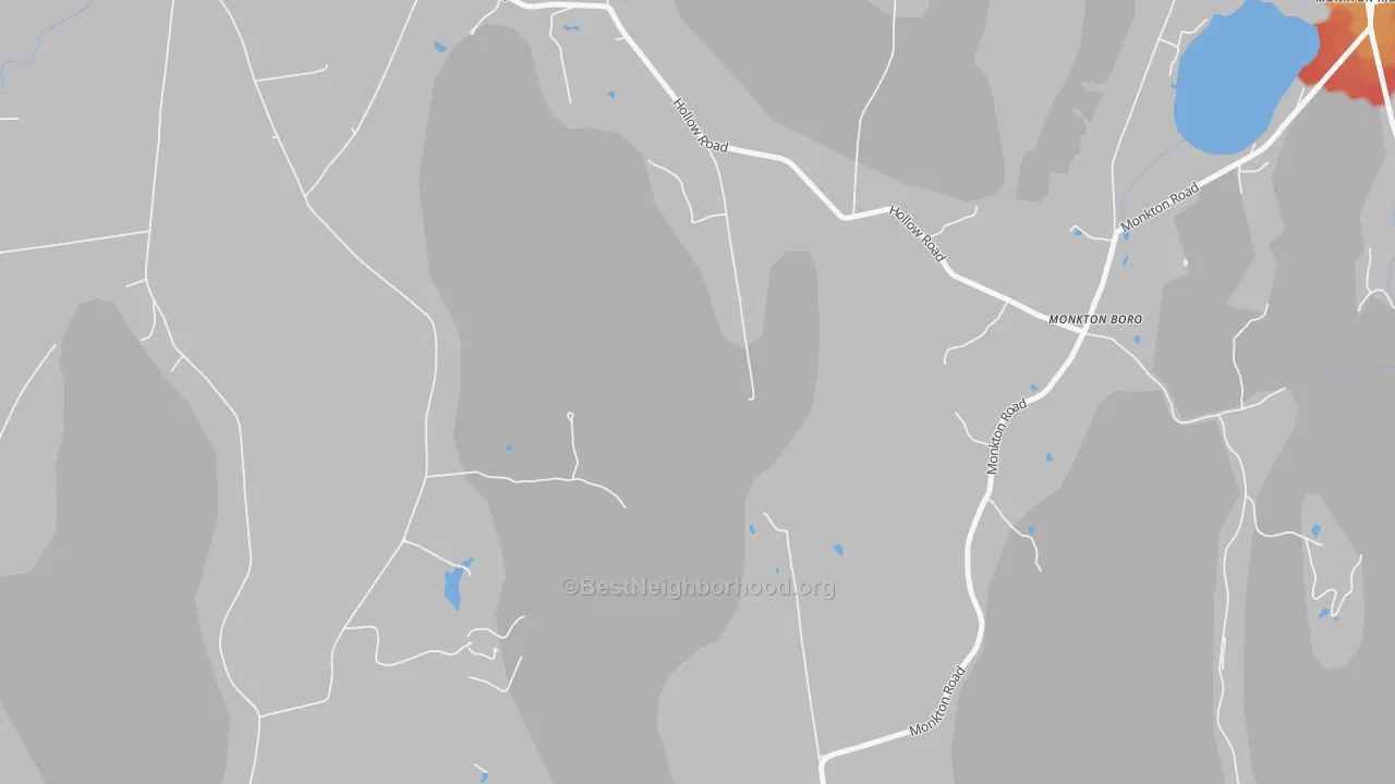 Walk Grade map of Monkton Boro, VT, walkable areas in green and car-dependent areas in red