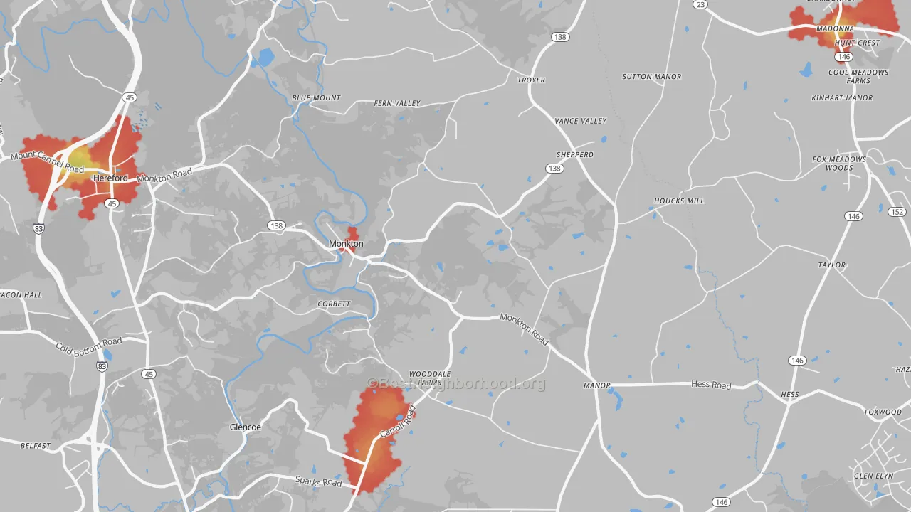 Walk Grade map of Monkton, MD, walkable areas in green and car-dependent areas in red