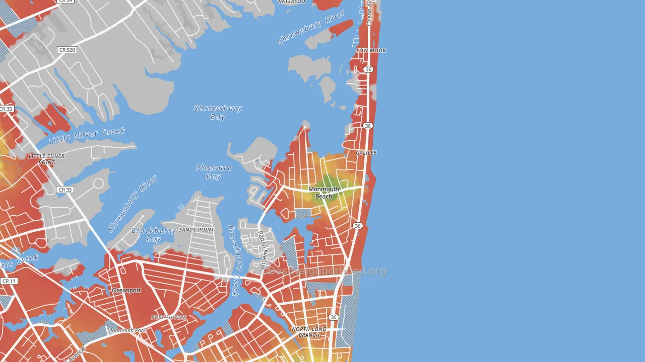 Walk Grade map of Monmouth Beach, NJ, walkable areas in green and car-dependent areas in red