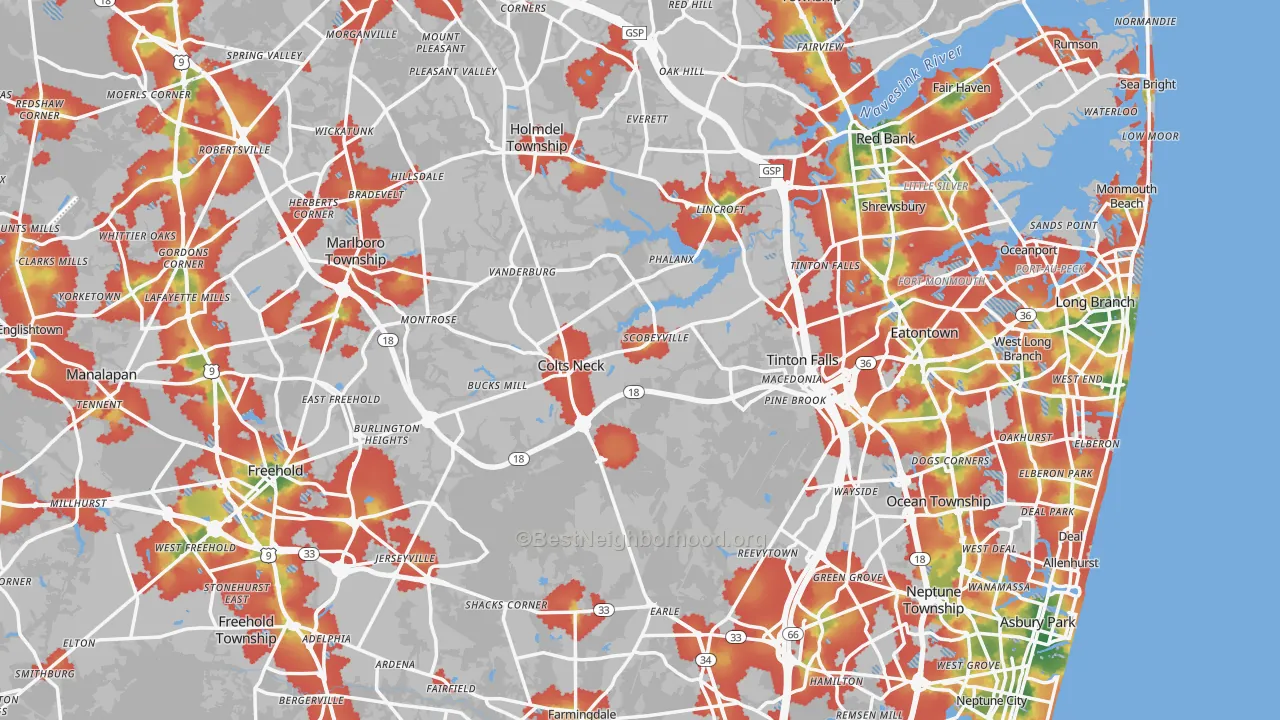 Walk Grade map of Monmouth County, NJ, walkable areas in green and car-dependent areas in red