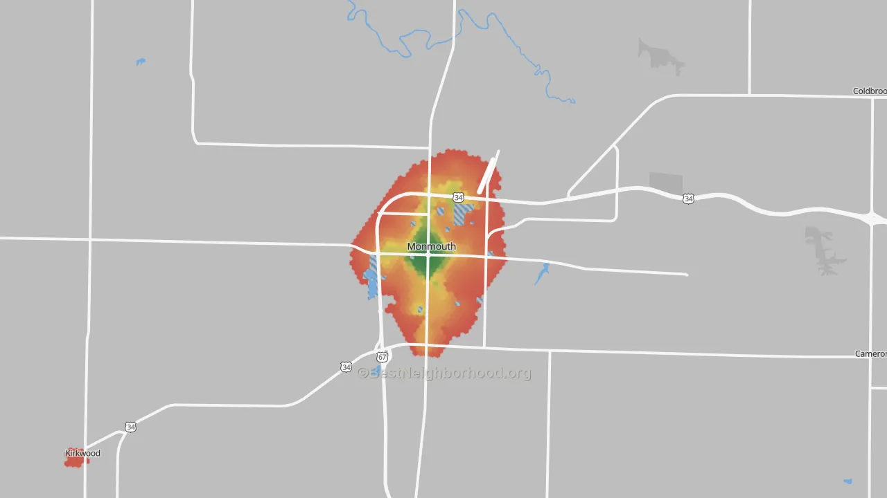 Walk Grade map of Monmouth, IL, walkable areas in green and car-dependent areas in red