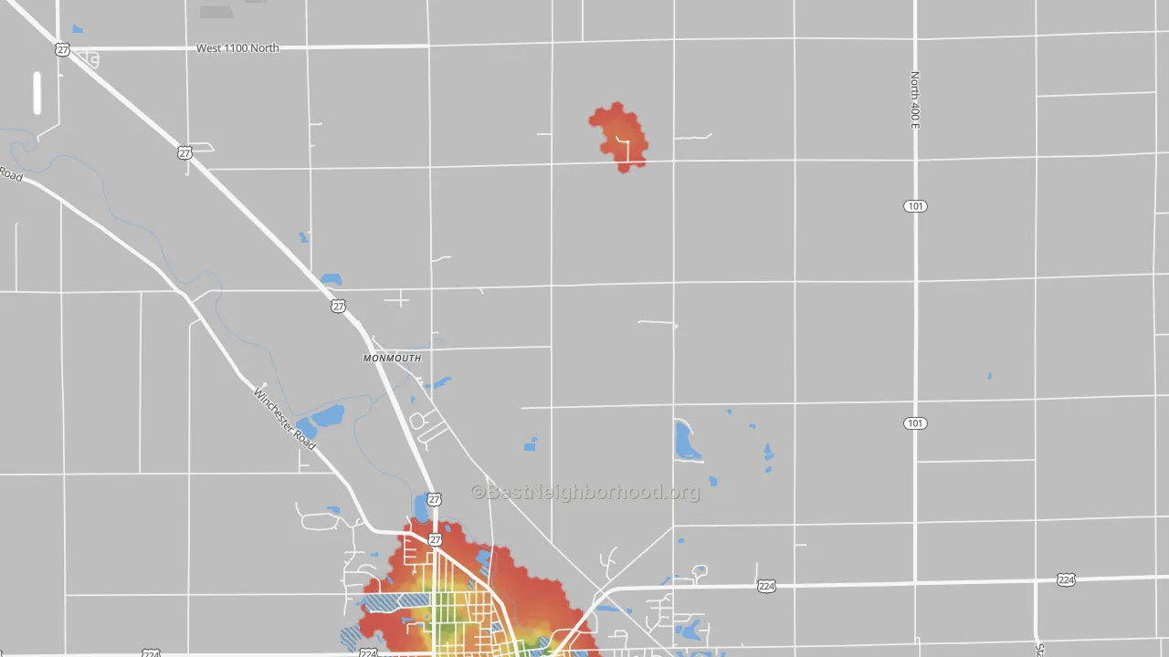 Walk Grade map of Monmouth, IN, walkable areas in green and car-dependent areas in red