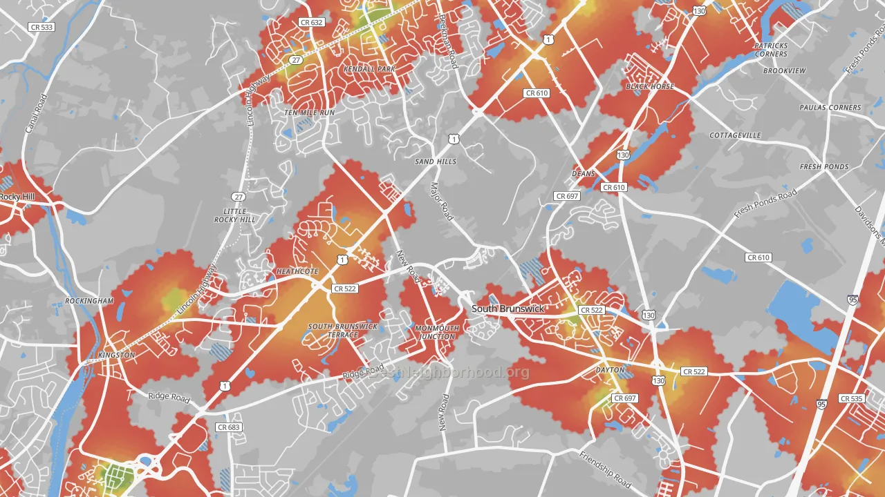 Walk Grade map of Monmouth Junction, NJ, walkable areas in green and car-dependent areas in red