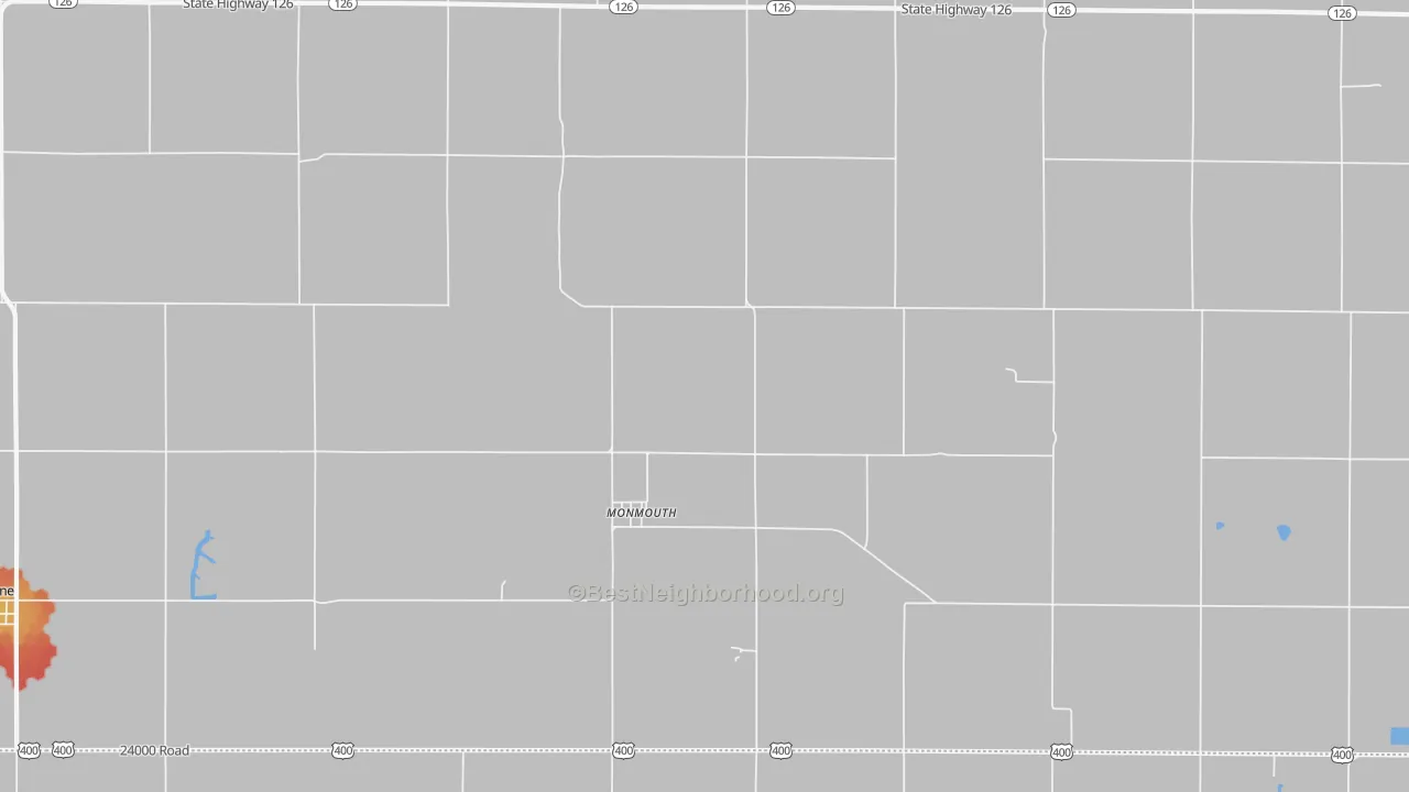 Walk Grade map of Monmouth, KS, walkable areas in green and car-dependent areas in red