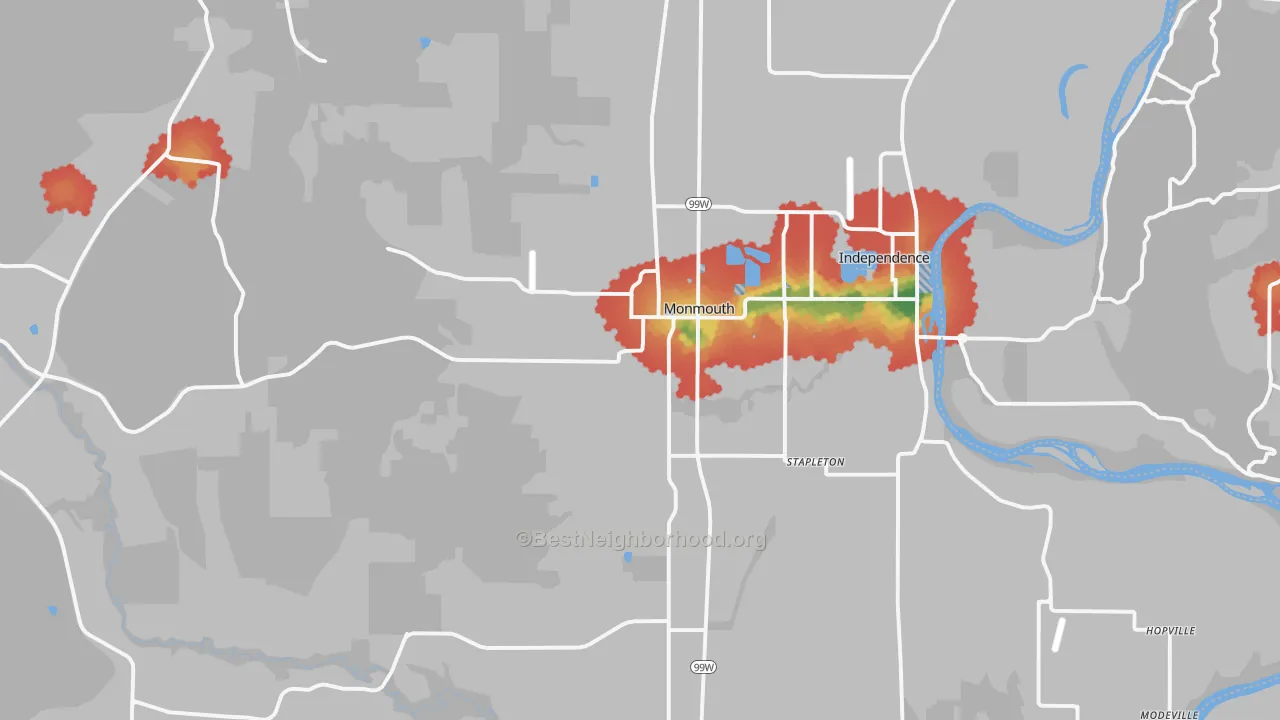 Walk Grade map of Monmouth, OR, walkable areas in green and car-dependent areas in red