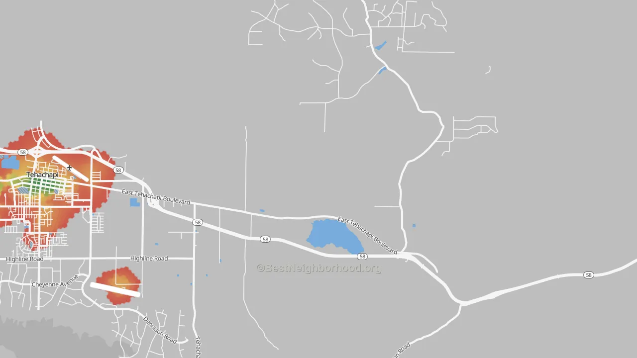Walk Grade map of Monolith, CA, walkable areas in green and car-dependent areas in red