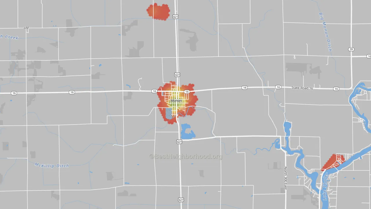 Walk Grade map of Monon, IN, walkable areas in green and car-dependent areas in red