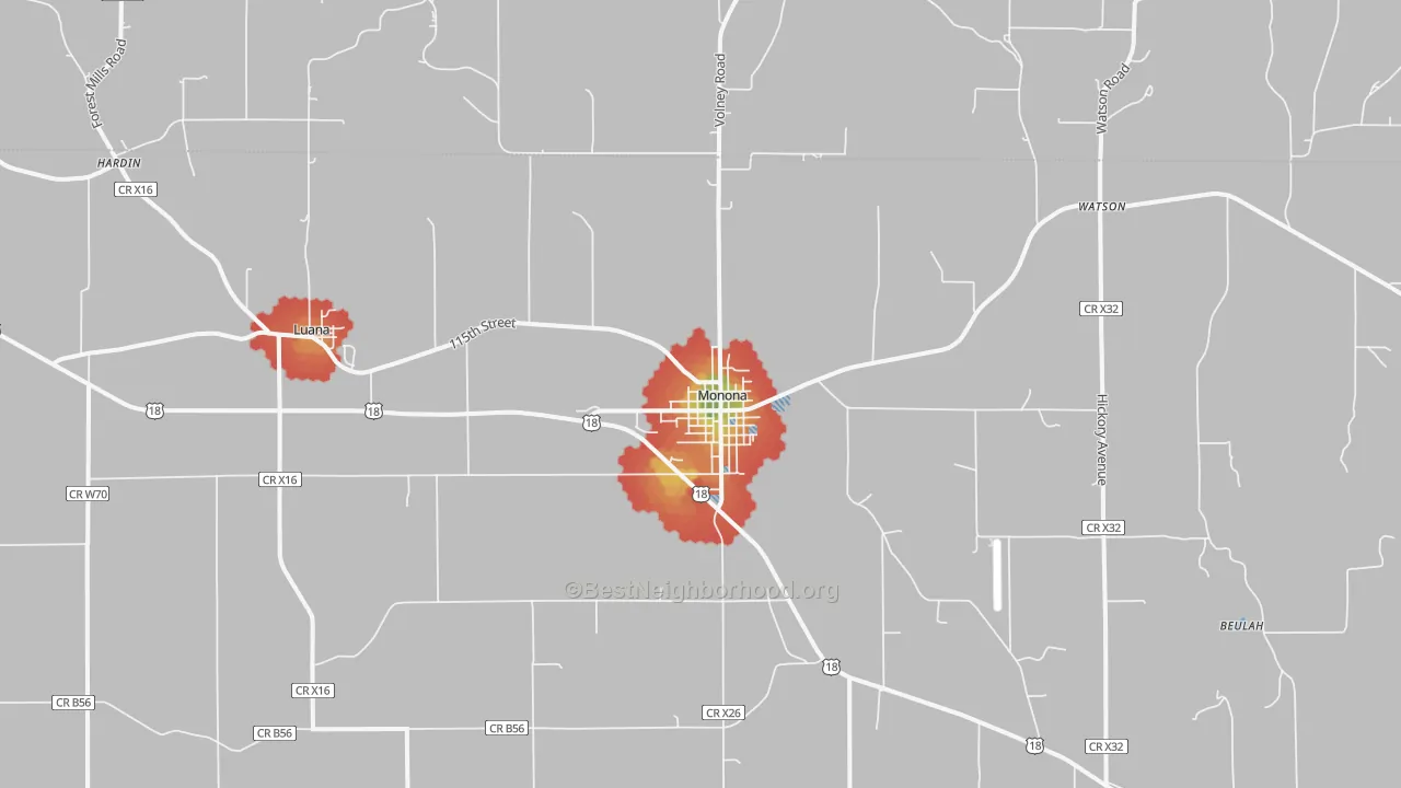 Walk Grade map of Monona, IA, walkable areas in green and car-dependent areas in red