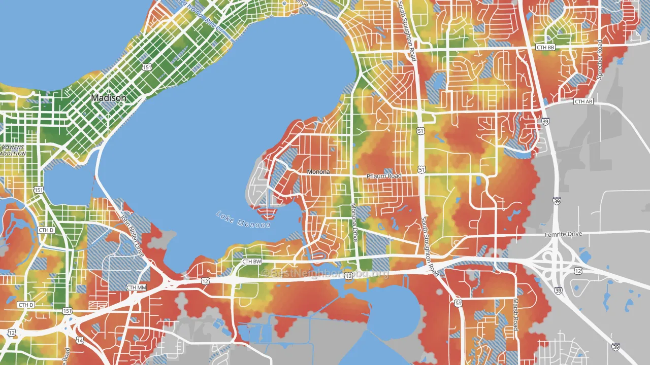 Walk Grade map of Monona, WI, walkable areas in green and car-dependent areas in red