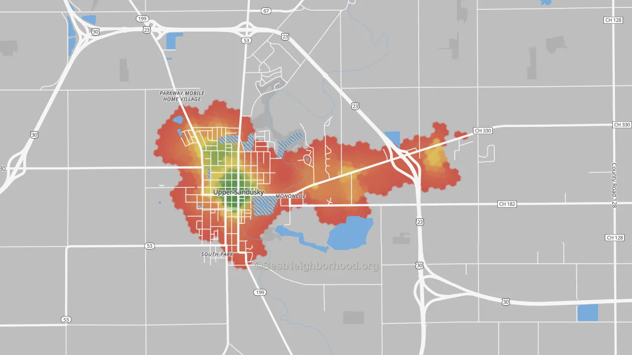 Walk Grade map of Mononcue, OH, walkable areas in green and car-dependent areas in red