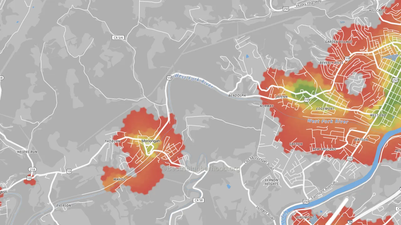 Walk Grade map of Monongah, WV, walkable areas in green and car-dependent areas in red