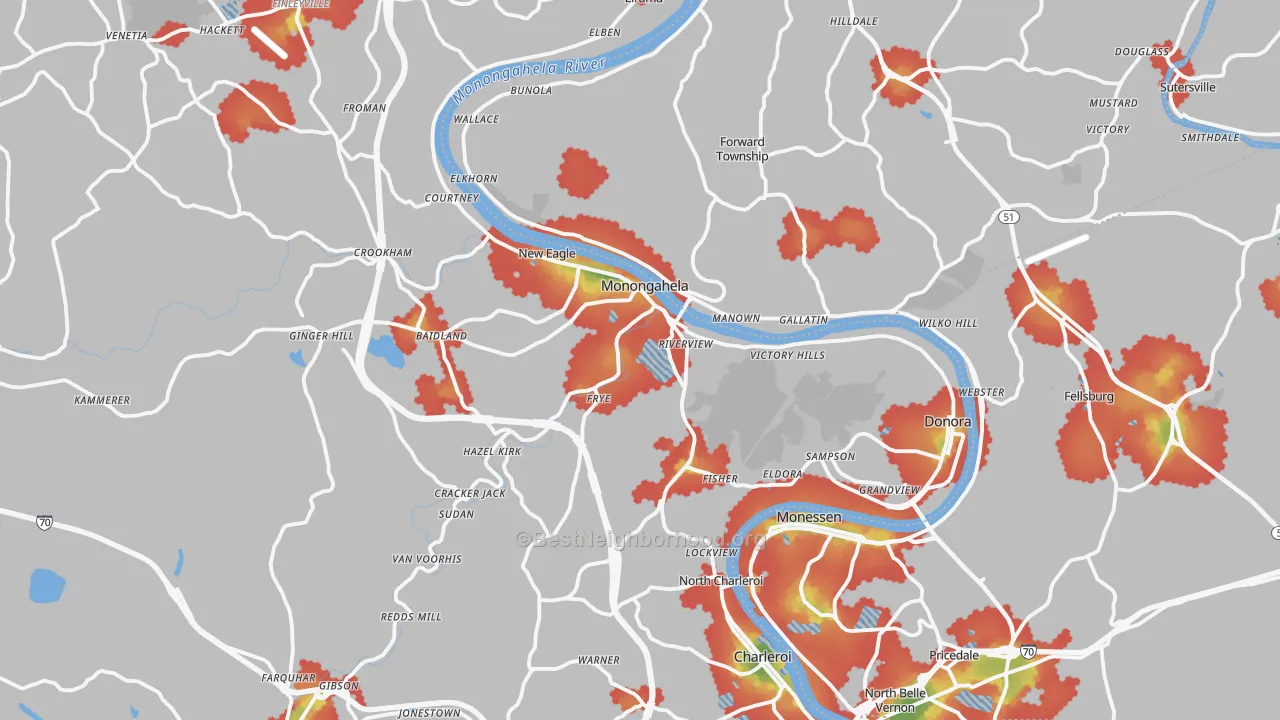 Walk Grade map of Monongahela, PA, walkable areas in green and car-dependent areas in red