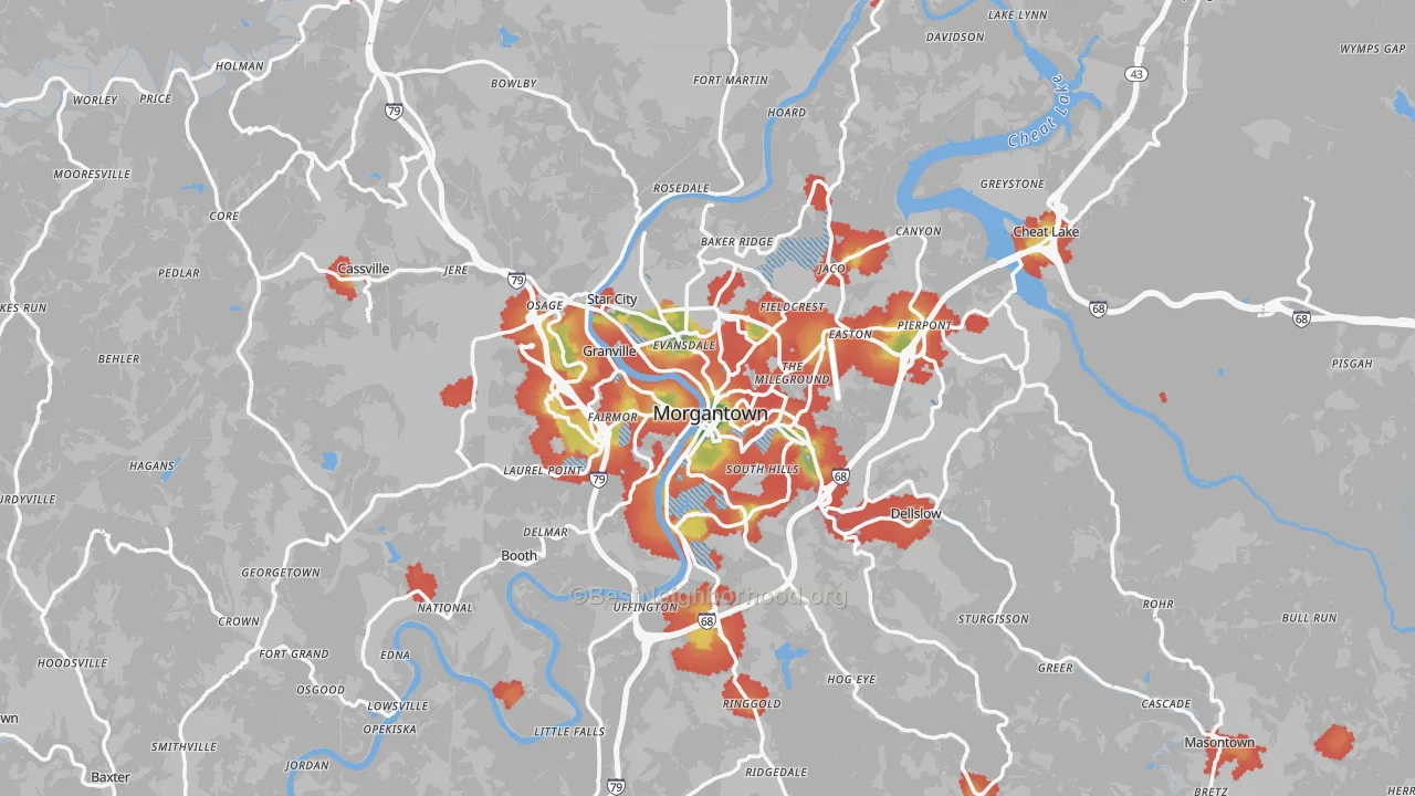 Walk Grade map of Monongalia County, WV, walkable areas in green and car-dependent areas in red