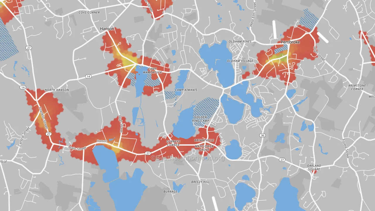 Walk Grade map of Monponsett, MA, walkable areas in green and car-dependent areas in red