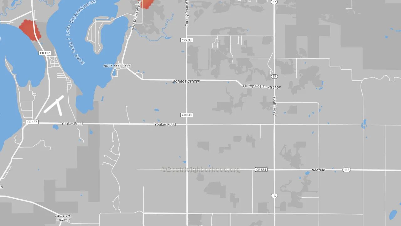 Walk Grade map of Monroe Center, MI, walkable areas in green and car-dependent areas in red