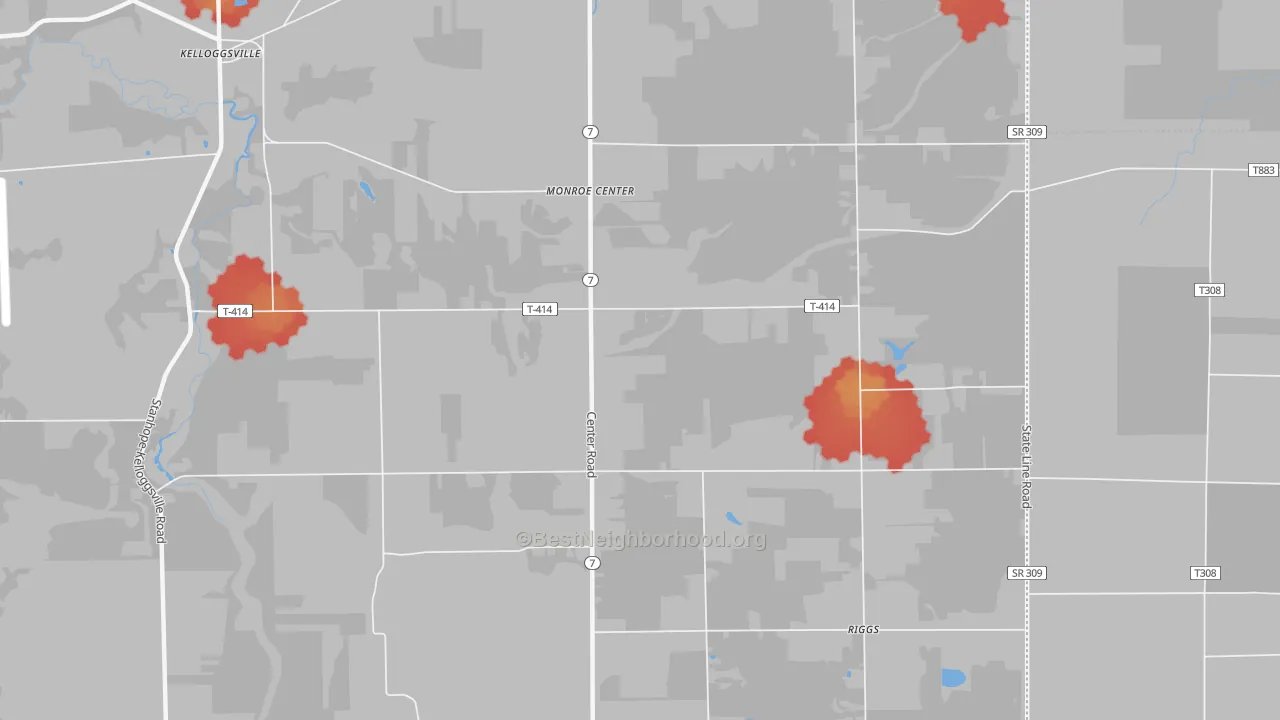 Walk Grade map of Monroe Center, OH, walkable areas in green and car-dependent areas in red