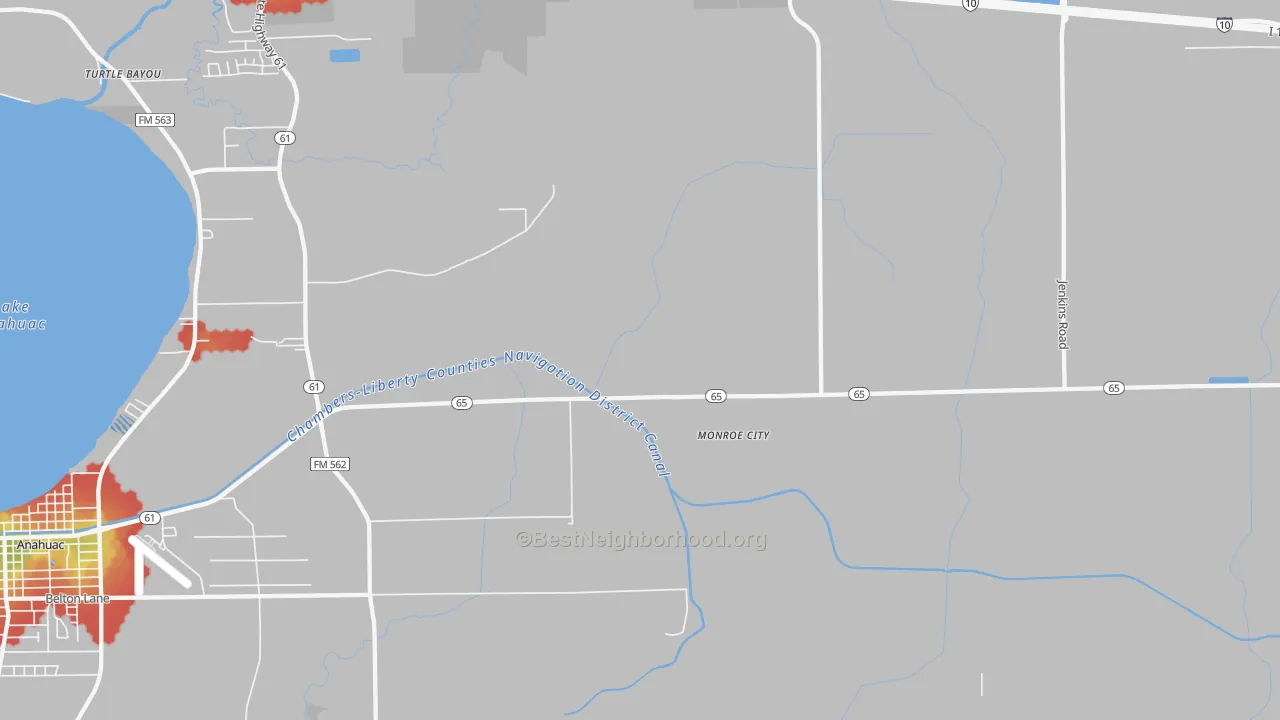 Walk Grade map of Monroe City, TX, walkable areas in green and car-dependent areas in red