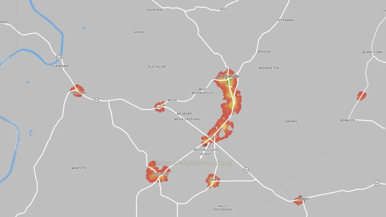 Walk Grade map of Monroe County, AL, walkable areas in green and car-dependent areas in red