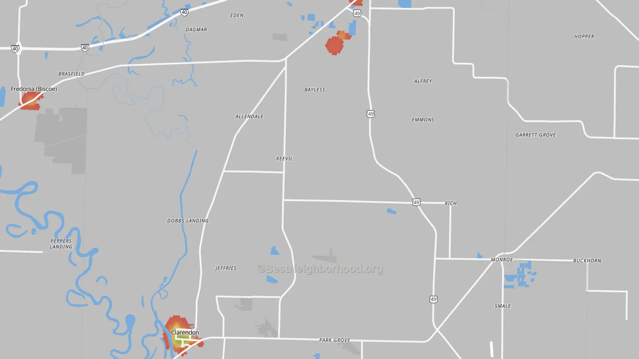 Walk Grade map of Monroe County, AR, walkable areas in green and car-dependent areas in red