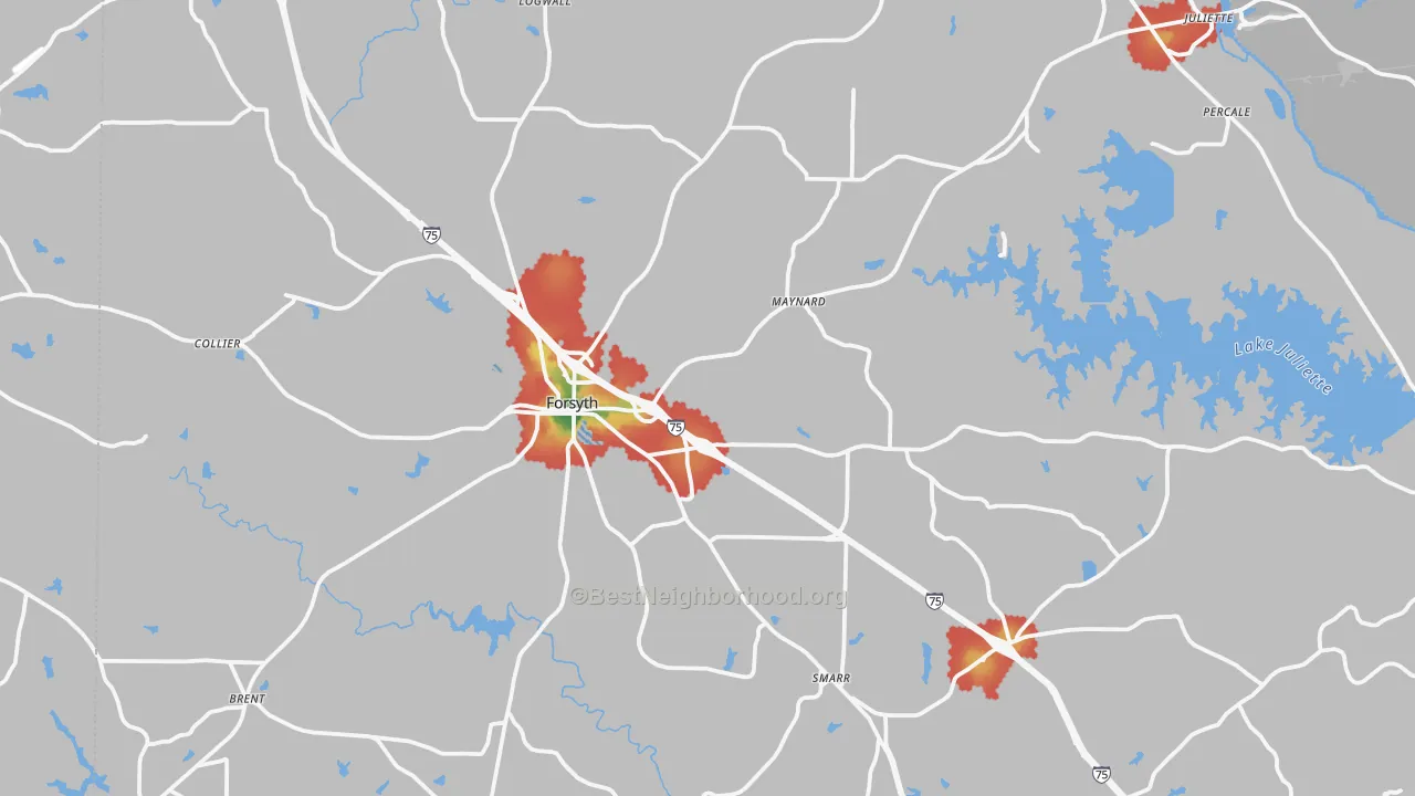 Walk Grade map of Monroe County, GA, walkable areas in green and car-dependent areas in red