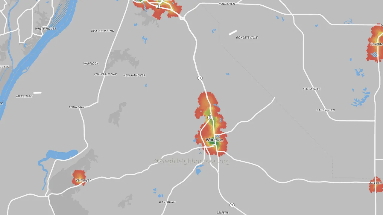 Walk Grade map of Monroe County, IL, walkable areas in green and car-dependent areas in red