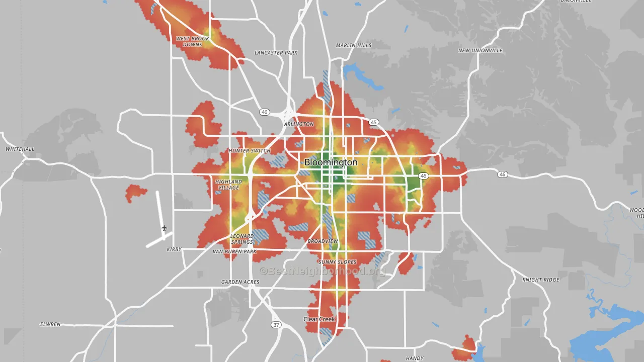 Walk Grade map of Monroe County, IN, walkable areas in green and car-dependent areas in red