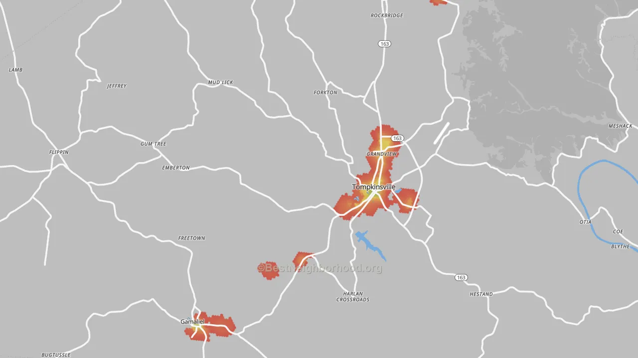 Walk Grade map of Monroe County, KY, walkable areas in green and car-dependent areas in red