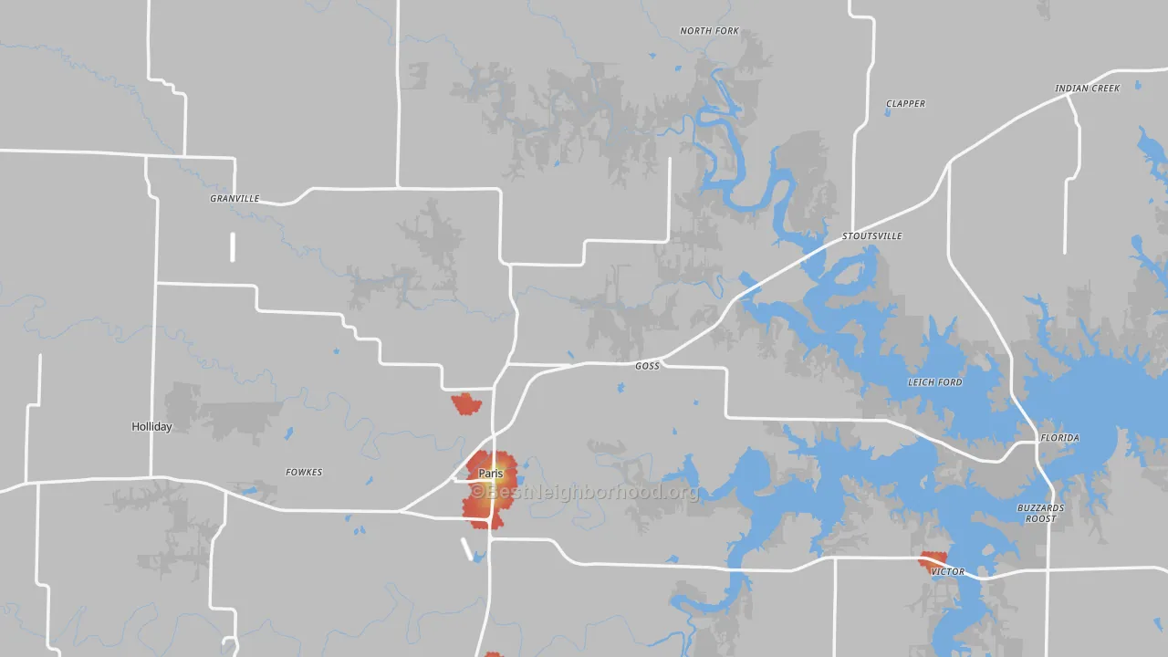 Walk Grade map of Monroe County, MO, walkable areas in green and car-dependent areas in red