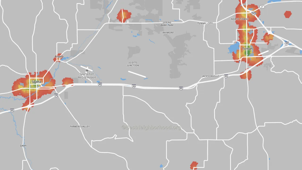 Walk Grade map of Monroe County, WI, walkable areas in green and car-dependent areas in red