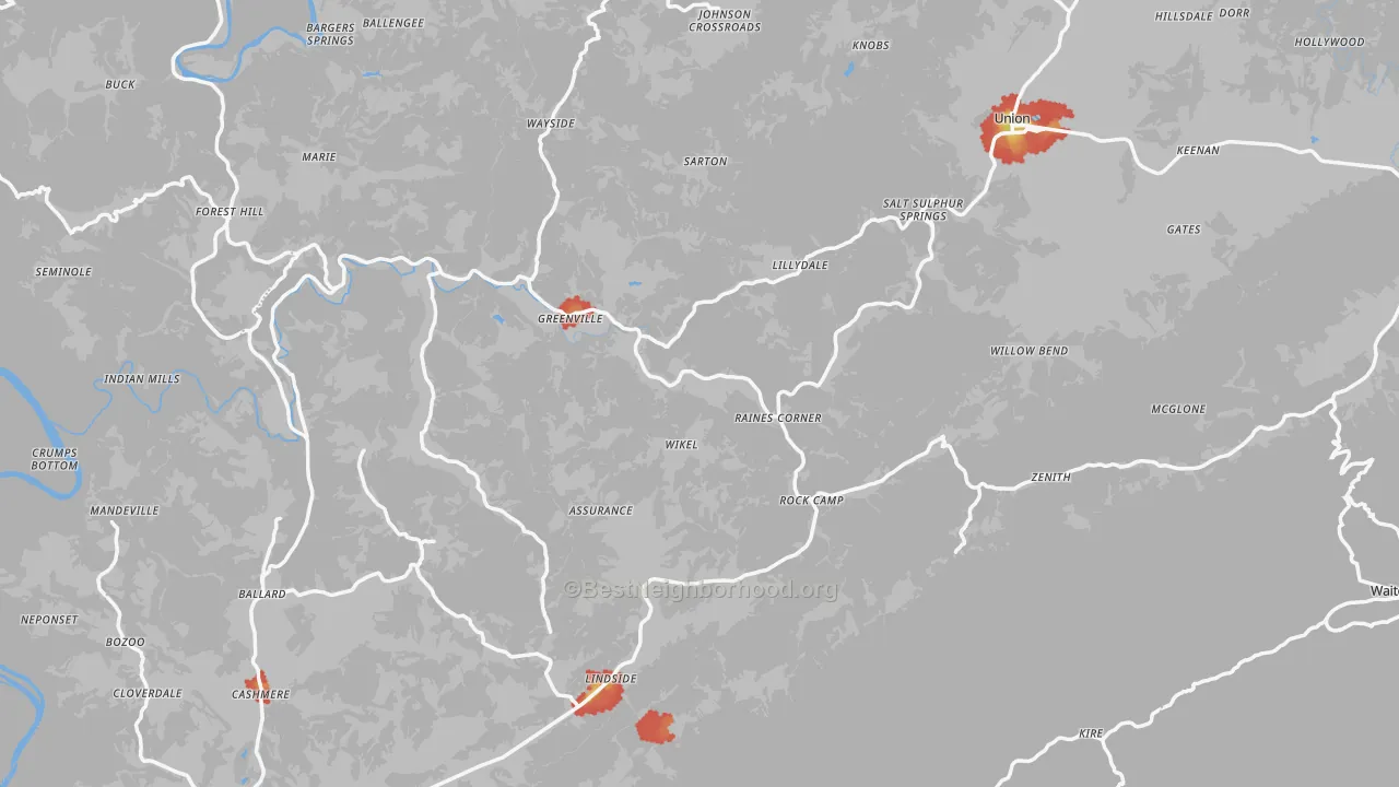 Walk Grade map of Monroe County, WV, walkable areas in green and car-dependent areas in red