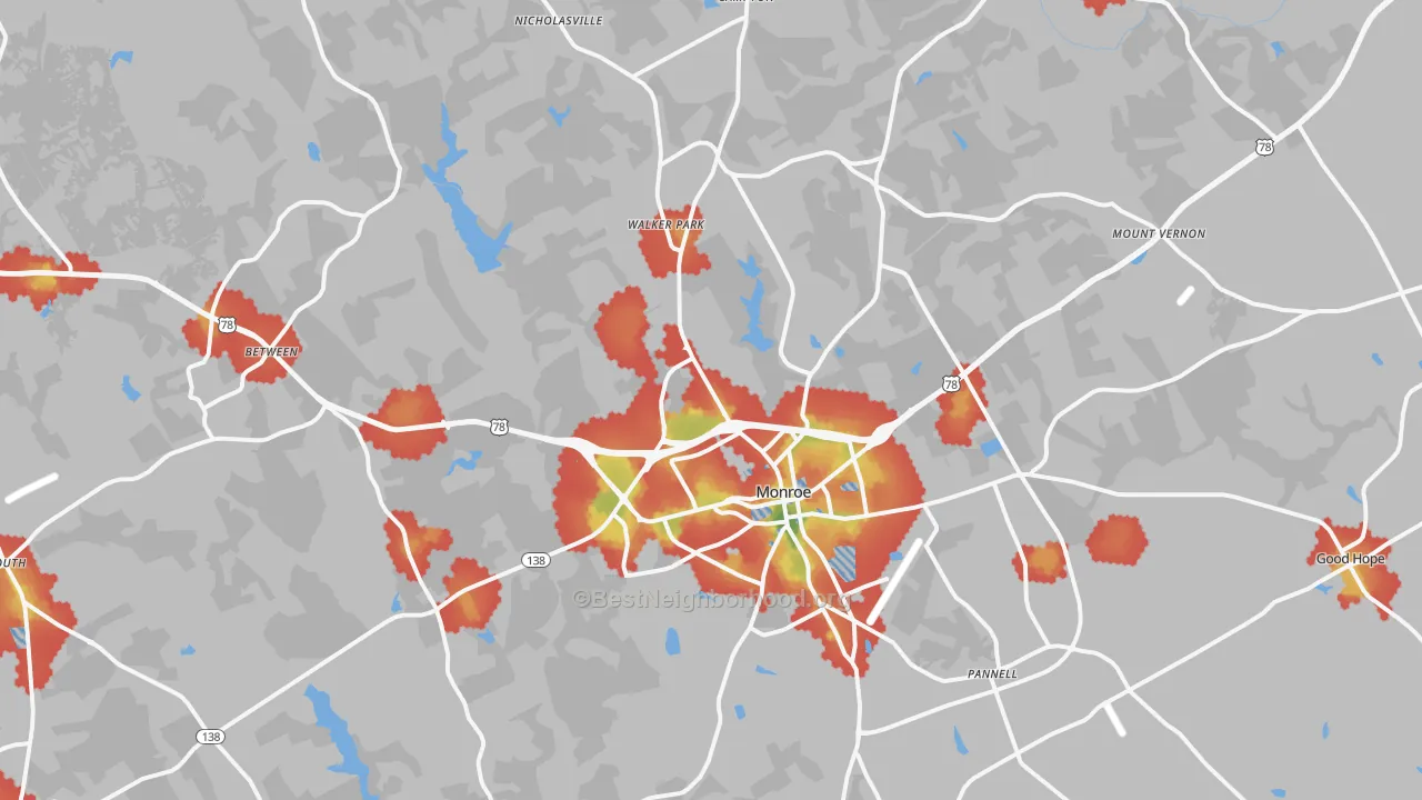 Walk Grade map of Monroe, GA, walkable areas in green and car-dependent areas in red
