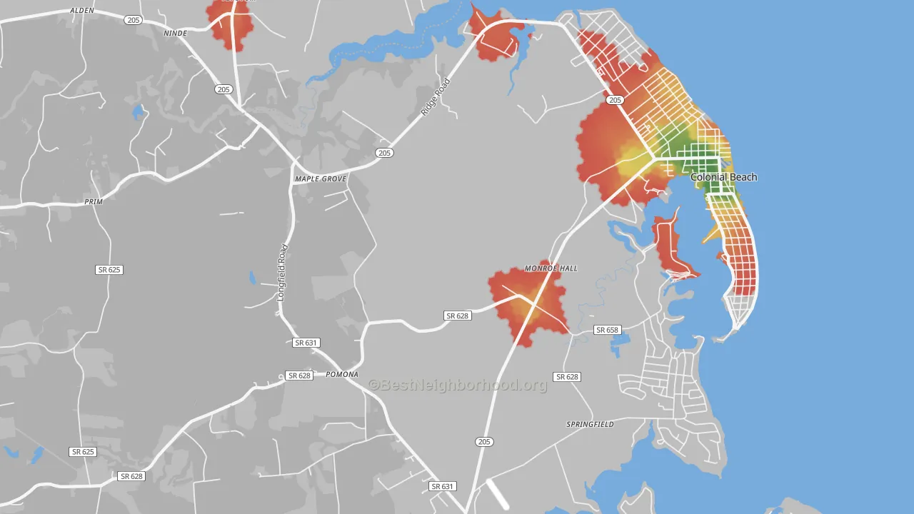Walk Grade map of Monroe Hall, VA, walkable areas in green and car-dependent areas in red