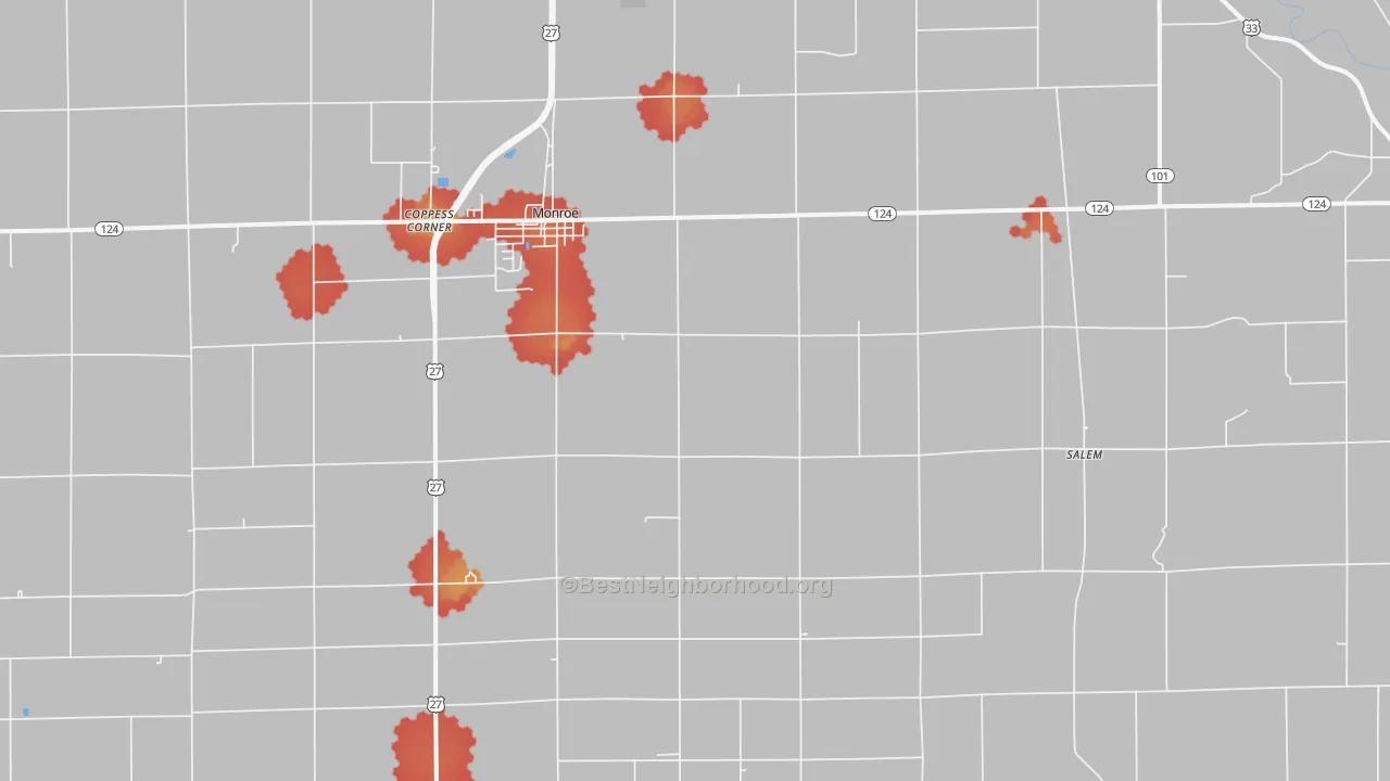Walk Grade map of Monroe, IN, walkable areas in green and car-dependent areas in red