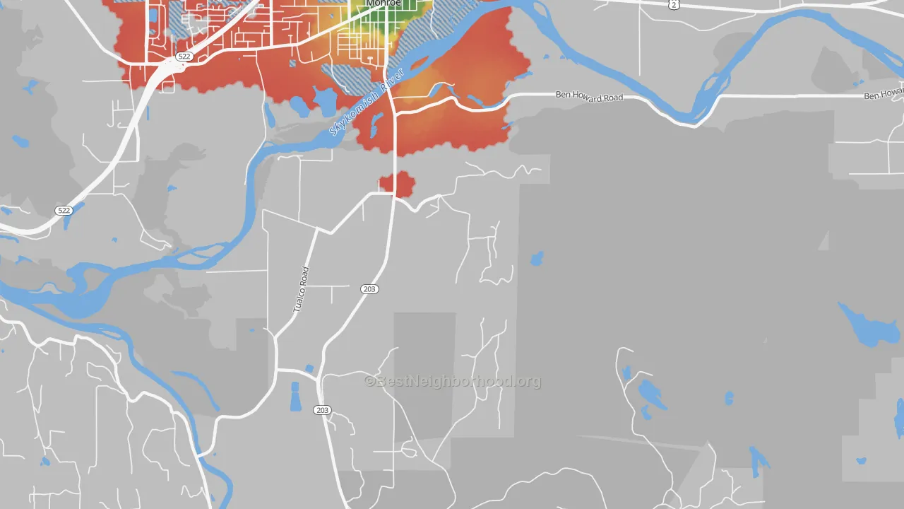 Walk Grade map of Monroe Junction, WA, walkable areas in green and car-dependent areas in red
