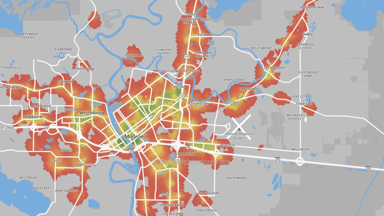 Walk Grade map of Monroe, LA, walkable areas in green and car-dependent areas in red