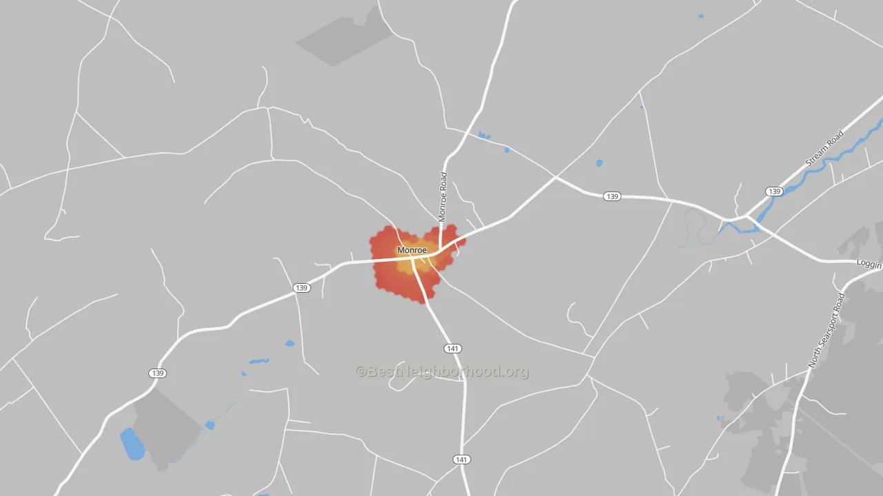 Walk Grade map of Monroe, ME, walkable areas in green and car-dependent areas in red
