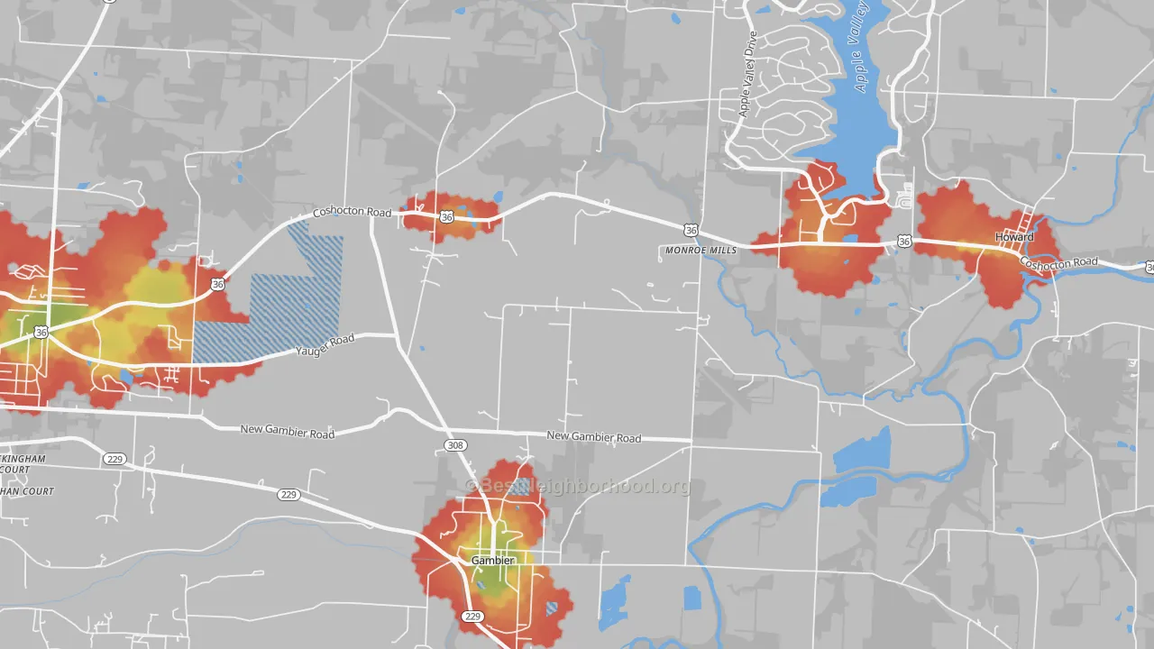Walk Grade map of Monroe Mills, OH, walkable areas in green and car-dependent areas in red