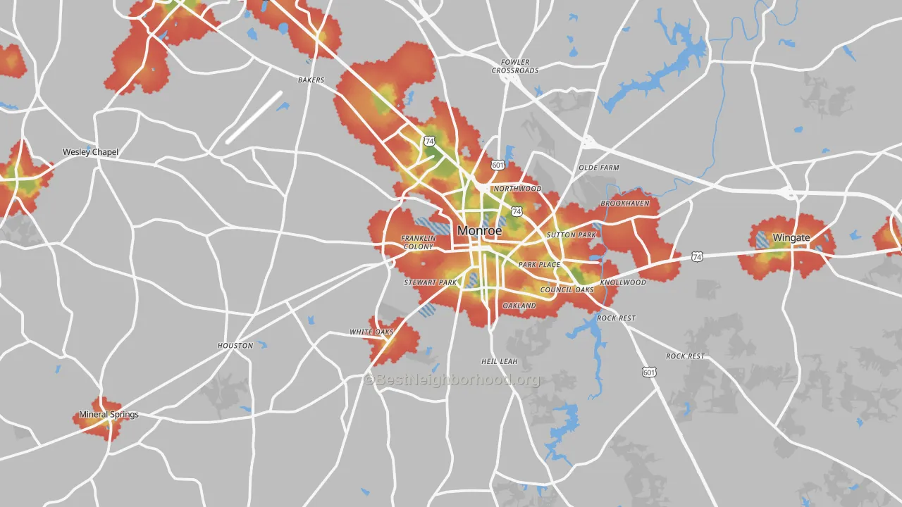 Walk Grade map of Monroe, NC, walkable areas in green and car-dependent areas in red
