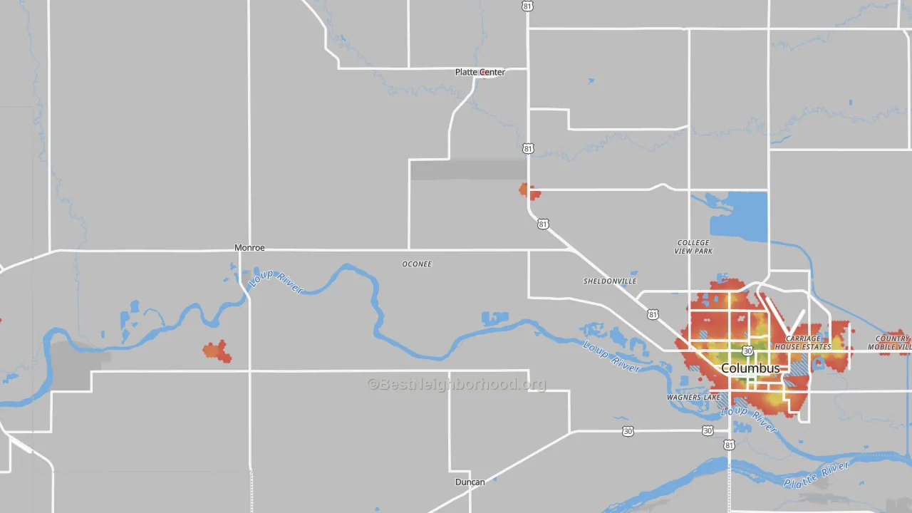 Walk Grade map of Monroe, NE, walkable areas in green and car-dependent areas in red