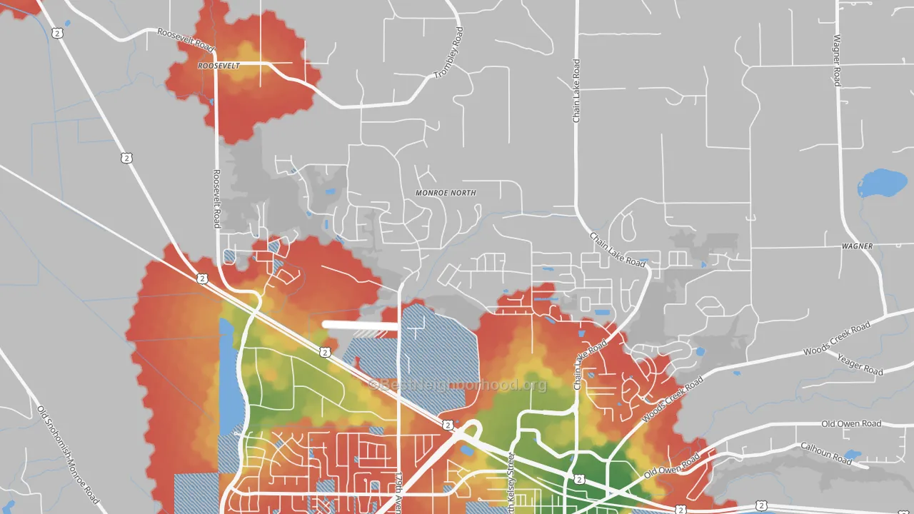 Walk Grade map of Monroe North, WA, walkable areas in green and car-dependent areas in red