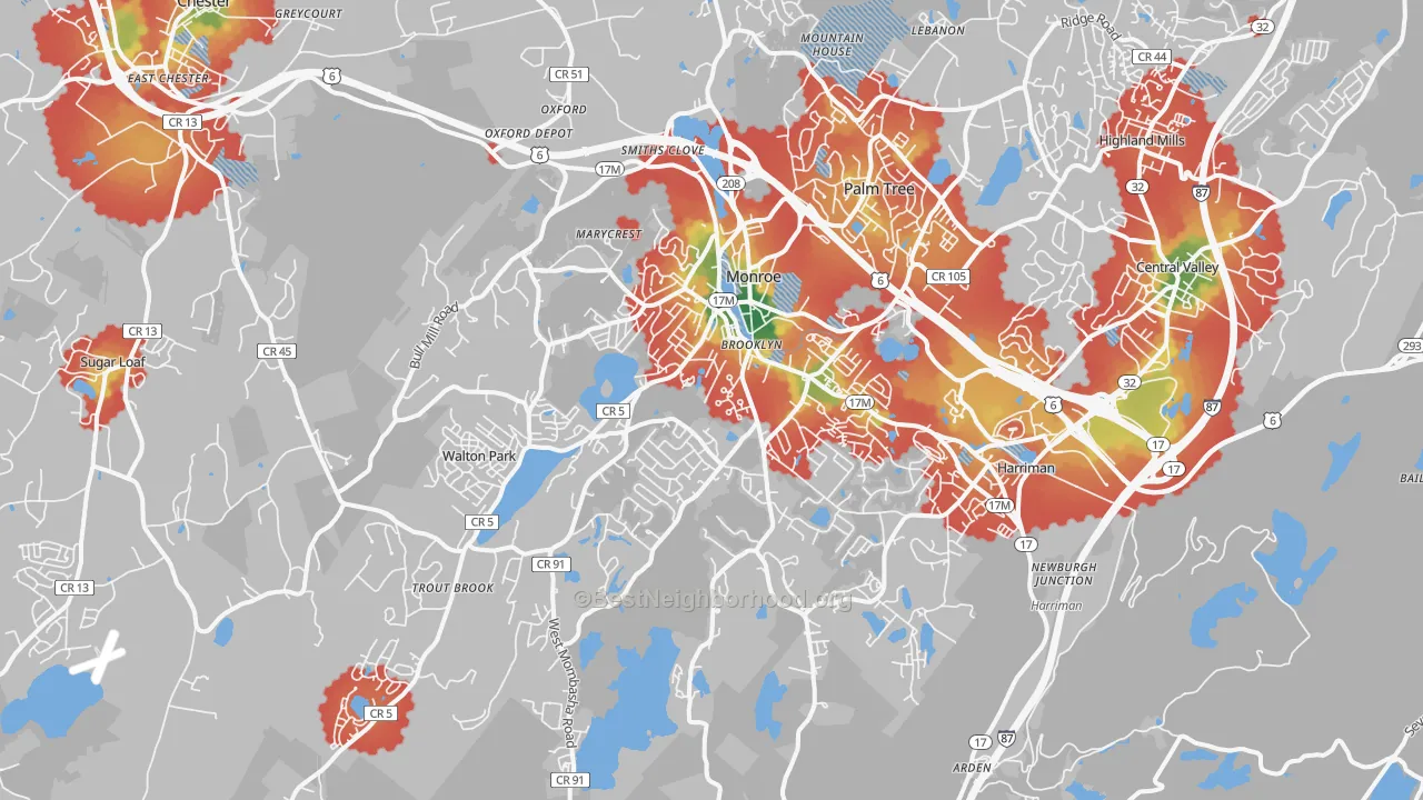 Walk Grade map of Monroe, NY, walkable areas in green and car-dependent areas in red