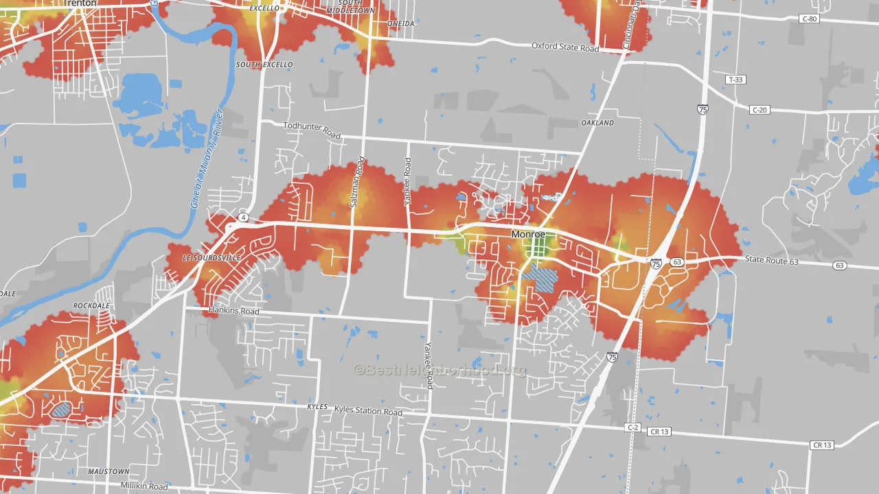 Walk Grade map of Monroe, OH, walkable areas in green and car-dependent areas in red