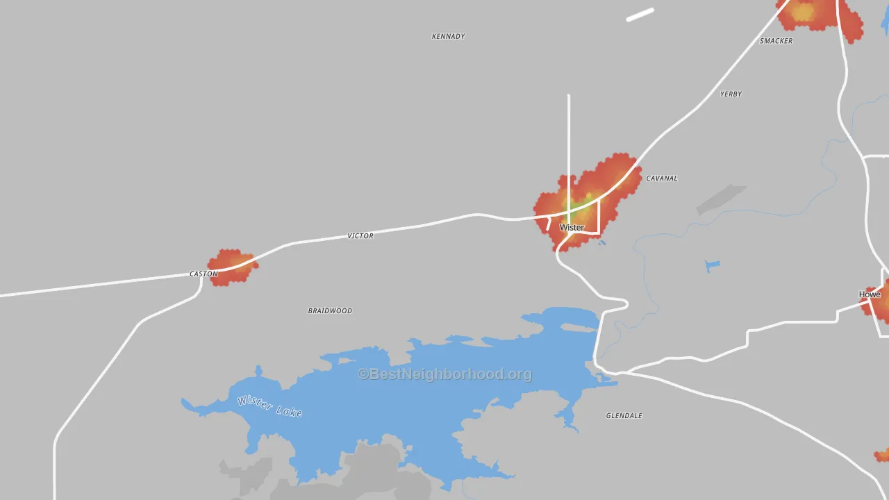 Walk Grade map of Monroe, OK, walkable areas in green and car-dependent areas in red