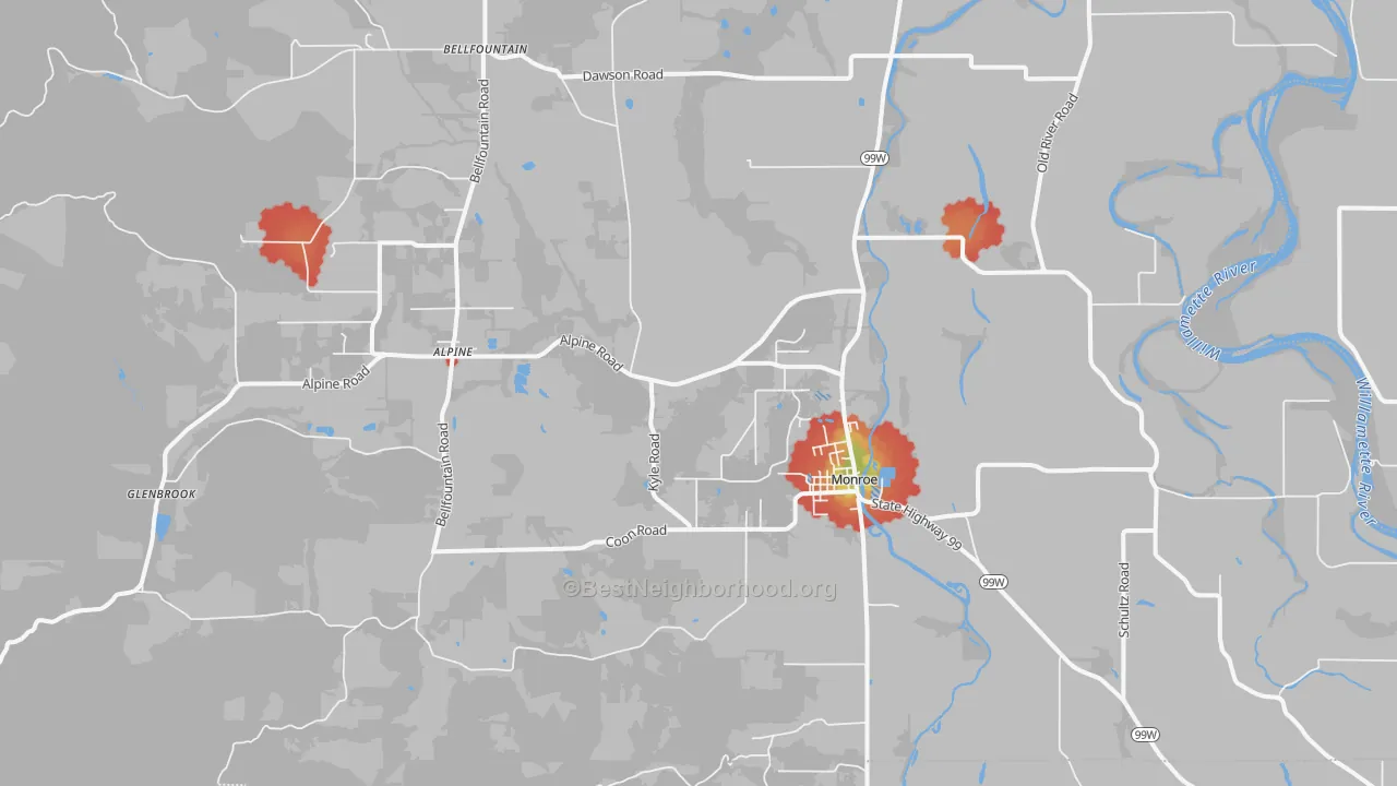 Walk Grade map of Monroe, OR, walkable areas in green and car-dependent areas in red