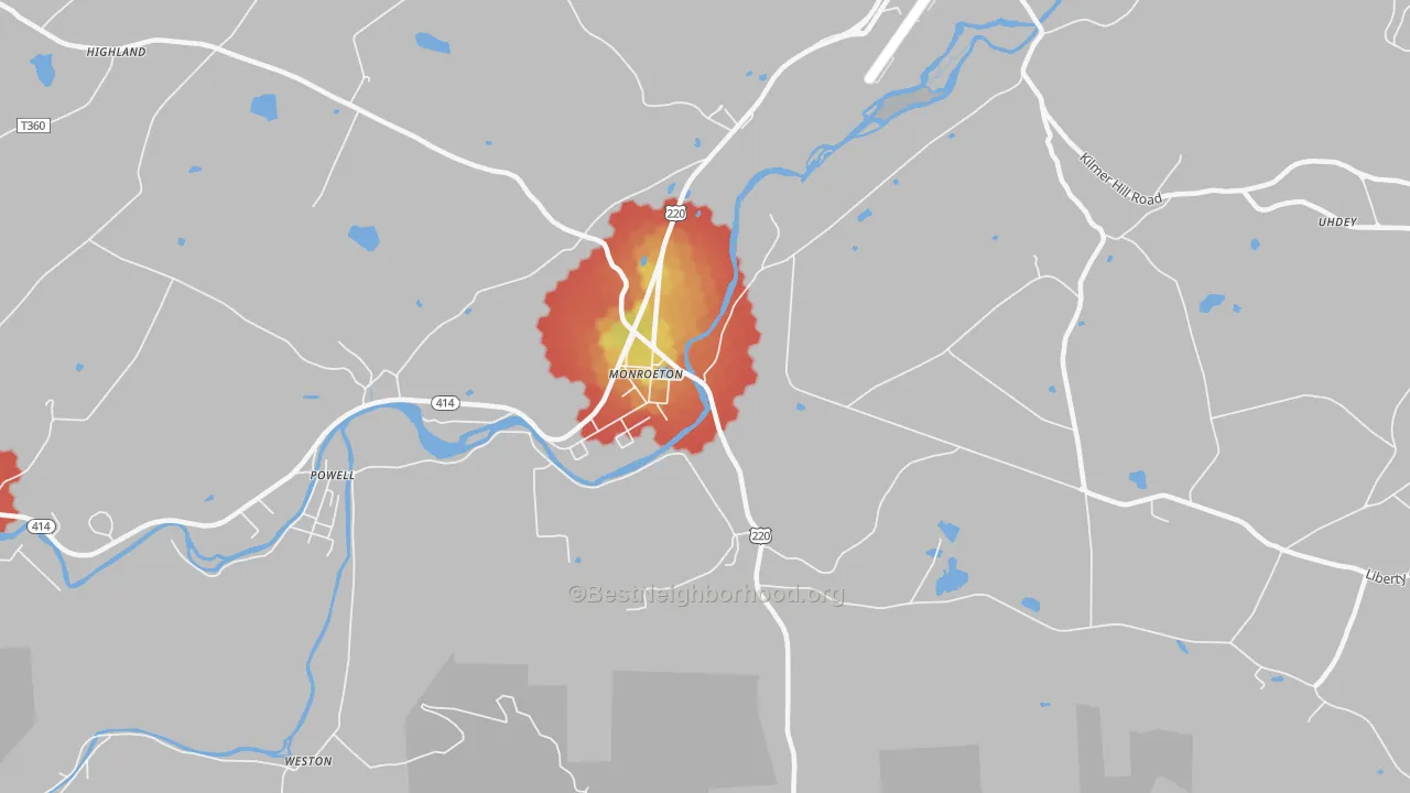 Walk Grade map of Monroe, PA, walkable areas in green and car-dependent areas in red