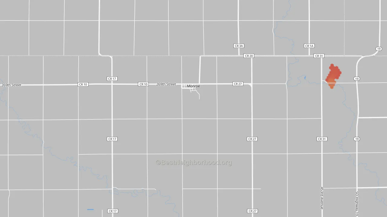 Walk Grade map of Monroe, SD, walkable areas in green and car-dependent areas in red